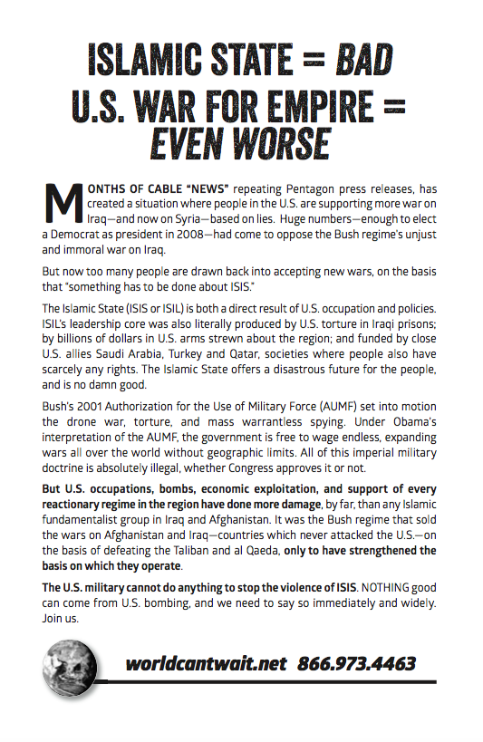 Antiwar Iraq and Syria Information Flier - Islamic State = Bad. US War for Empire = Even Worse.