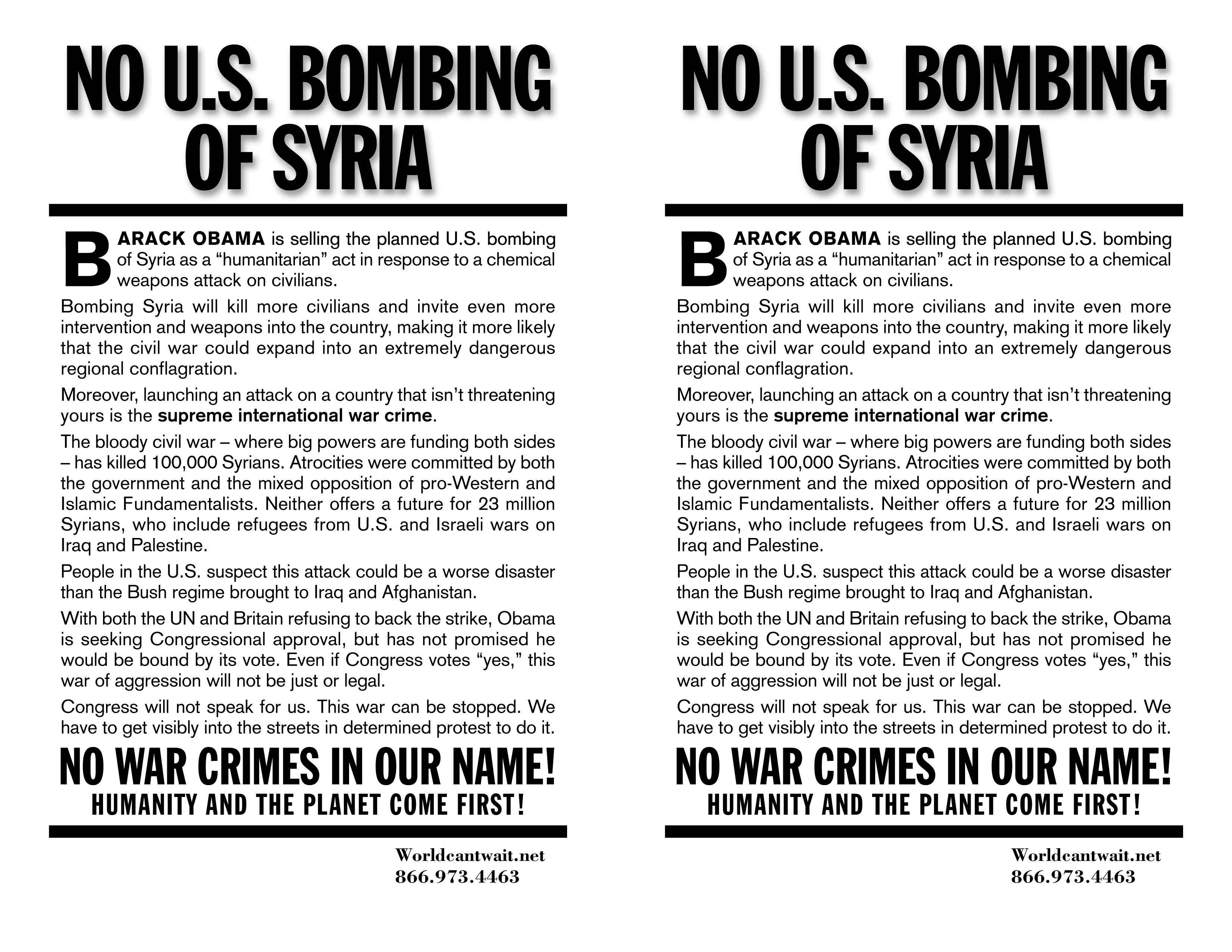 No bombing of Syria protest flier