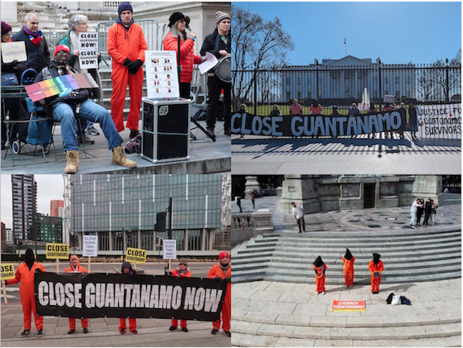 Coordinated global vigils for the closure of Guantánamo on January 11, 2024. Clockwise from top left: New York, Washington, D.C., Mexico City and London.